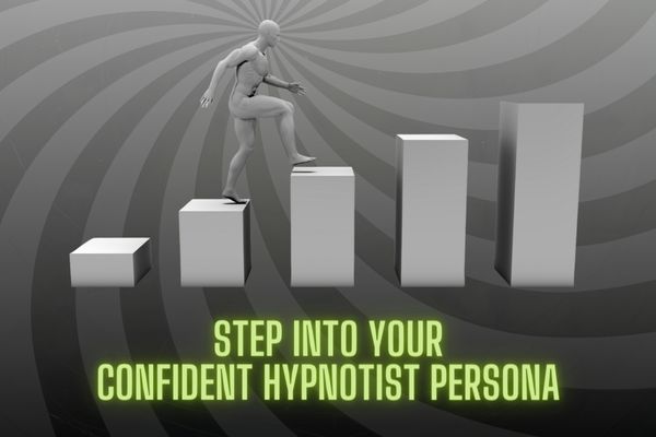 A set of steps with a person climbing them, 'stepping into their confident hypnotist persona'